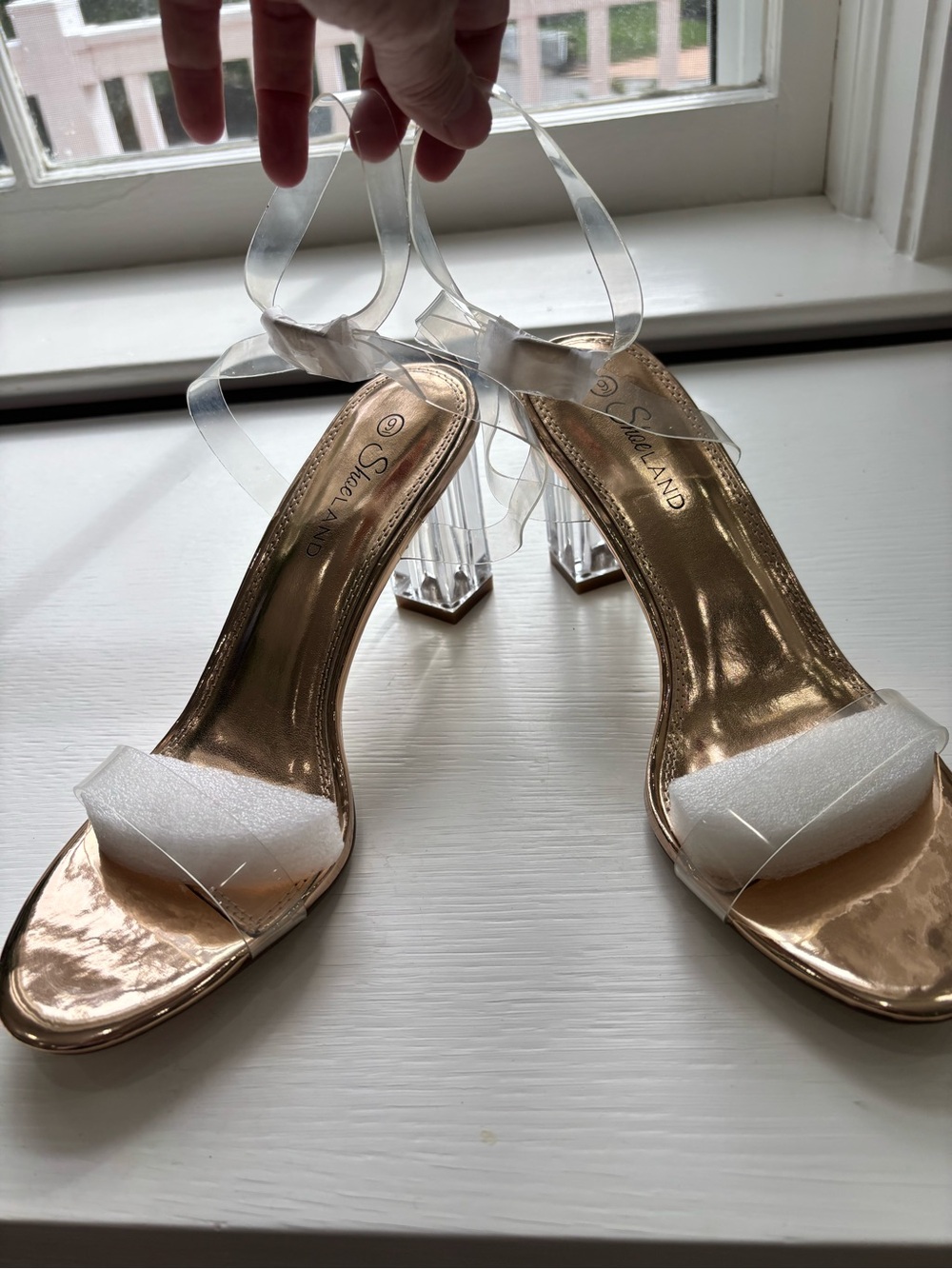 Sheer Strap Rose Gold Block Heel Sandals by Shoe Land